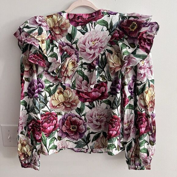 AURA Floral Ruffle Puff Sleeve Top Large Women’s Cotton Prairie Cottagecore NWT - Picture 11 of 14